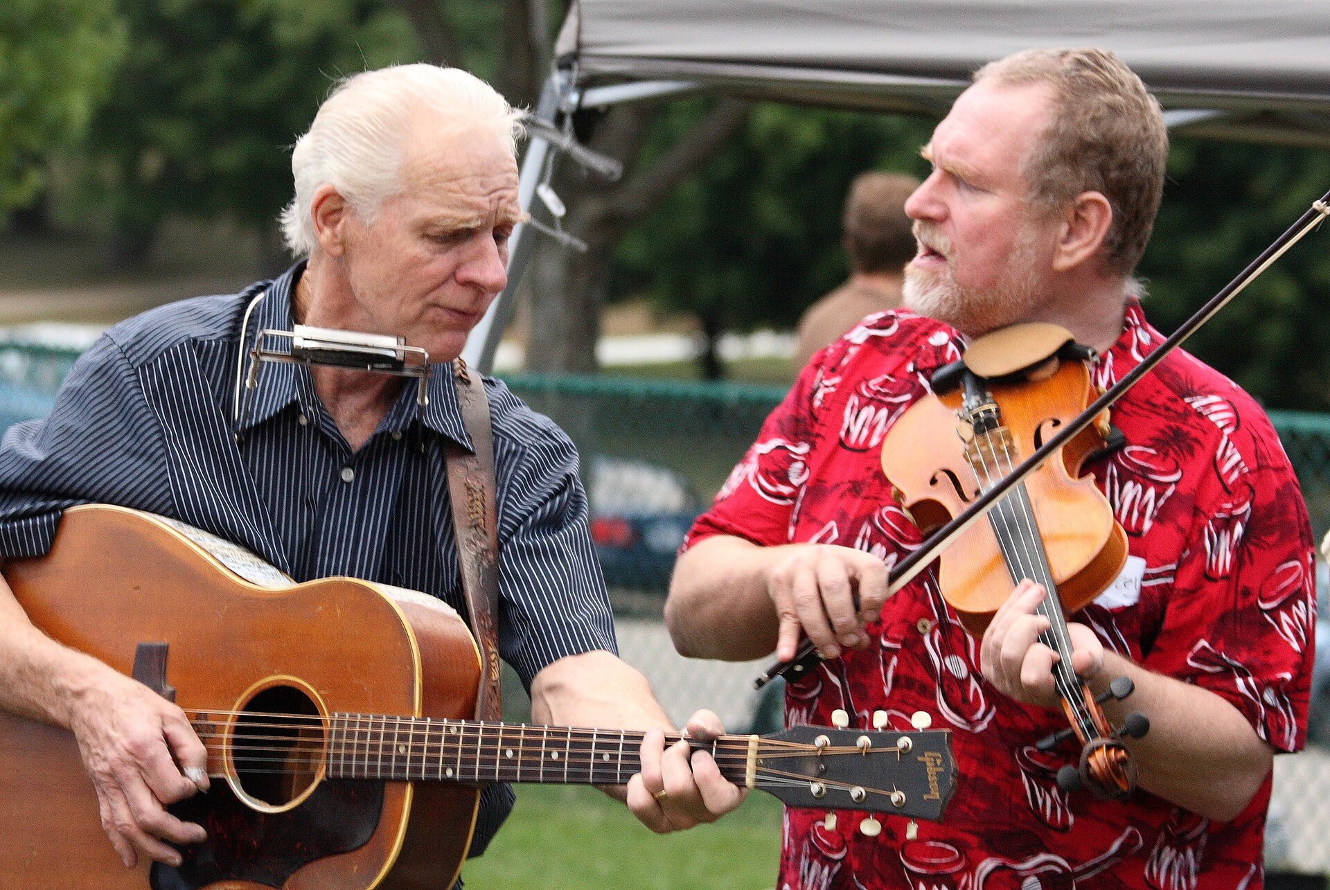 Musicians playing a bluegrass jam at Shindig on the Green in Asheville