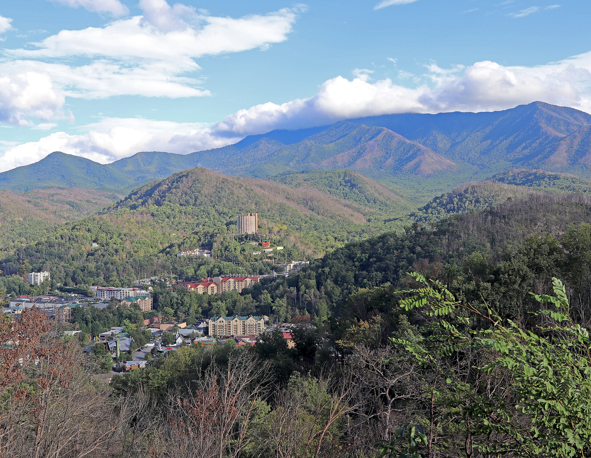 View over Gatlinburg, Tennessee, with the Smokies beyond the town