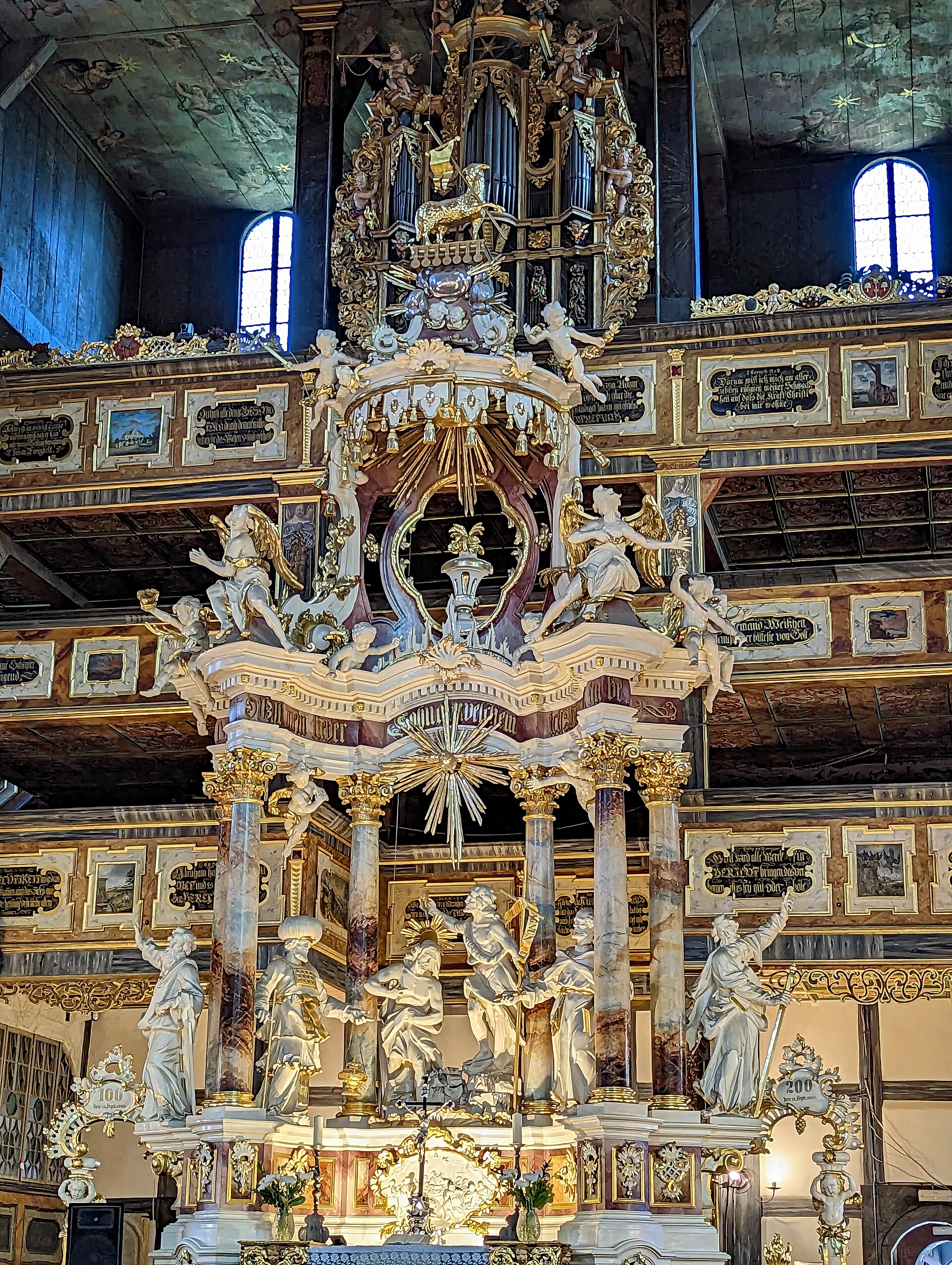 Painted timber galleries inside the Church of Peace in Świdnica
