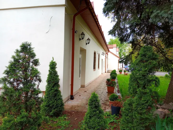 The monastery wall and spring planting at Bernardine monastery garden