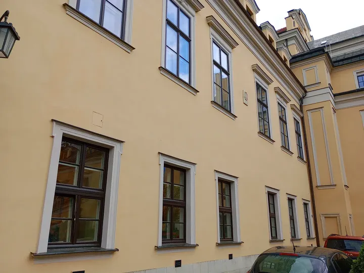 Upper part of the yellow frontage at Bishops’ Palace, Kraków