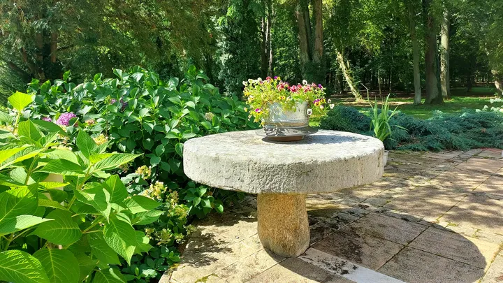 Round stone basin among the planting at Bojadła Palace