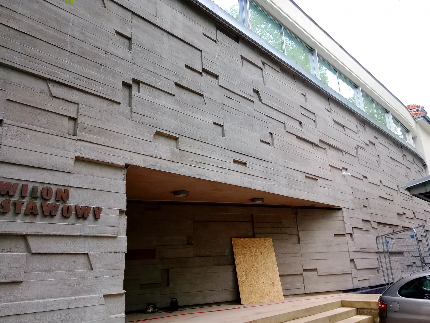 Angled view of the concrete frontage at Bunkier Sztuki