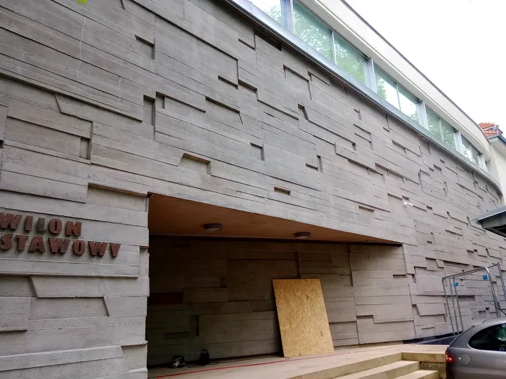 Angled view of the concrete frontage at Bunkier Sztuki