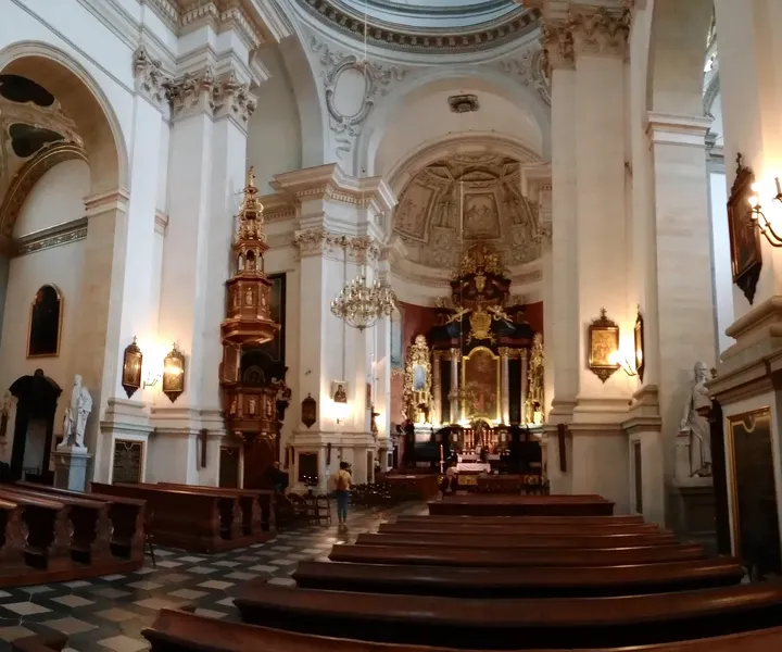 Nave seen from the rear pews at Corpus Christi Basilica, Kraków