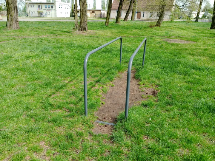 Low parallel bars in the grass at Czerwieńsk outdoor exercise ground