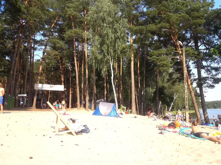 Trees and recreation area beside the shore at Dąbie lakeside recreation ground