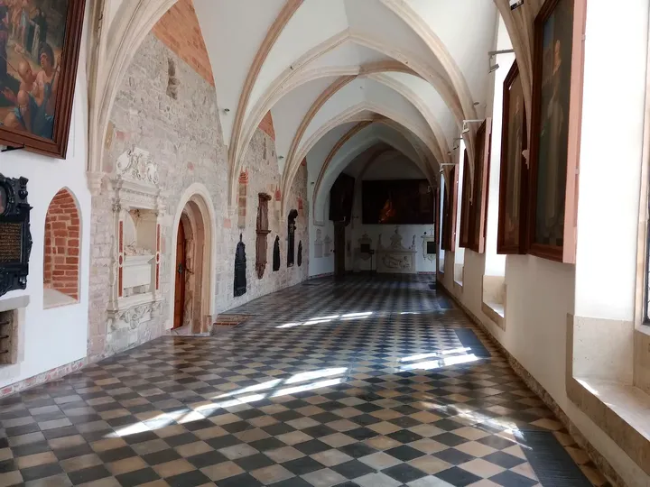 The long tiled cloister corridor at Dominican monastery, Kraków