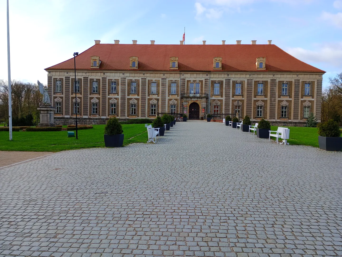 The broad palace approach in April at Ducal Palace, Żagań