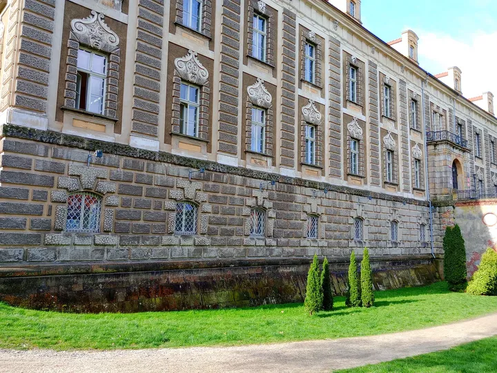 The rusticated stonework at ground level at Ducal Palace, Żagań