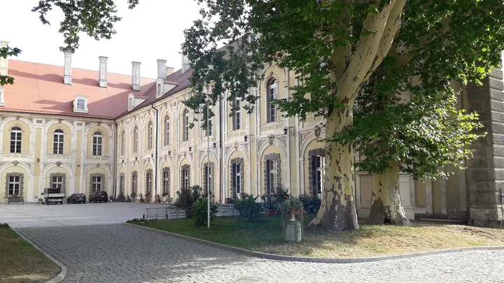 A palace wing beneath the trees at Ducal Palace, Żagań