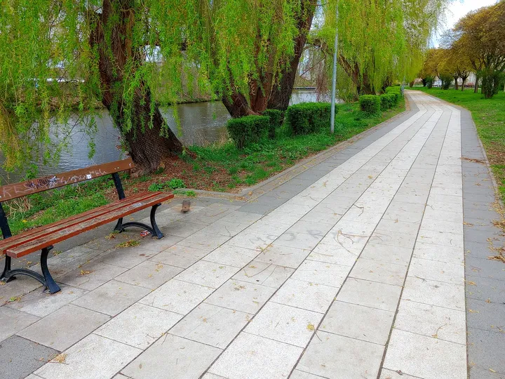 Benches along the riverside route at Duchess Dorota riverside walk, Żagań