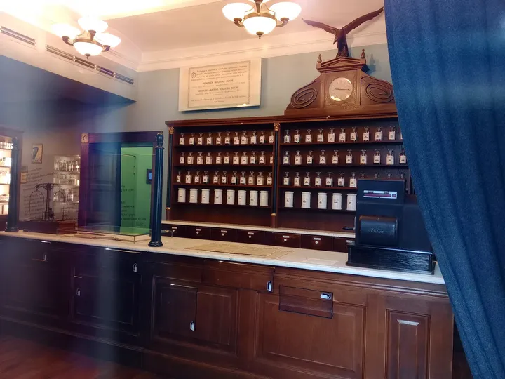 Rows of drawers behind the pharmacy counter at Eagle Pharmacy