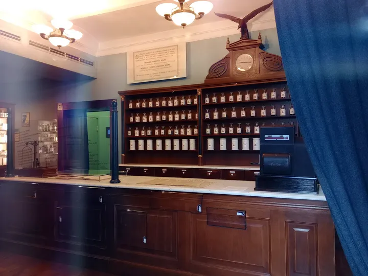 Historic pharmacy room and shelving at Eagle Pharmacy