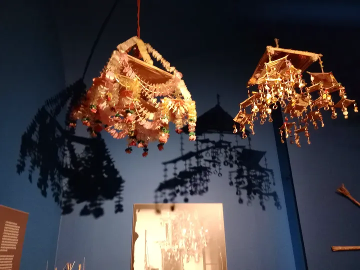 Colourful hanging paper decorations at Ethnographic Museum, Kraków