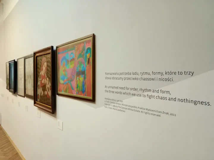 Framed works with explanatory text at Ethnographic Museum, Kraków