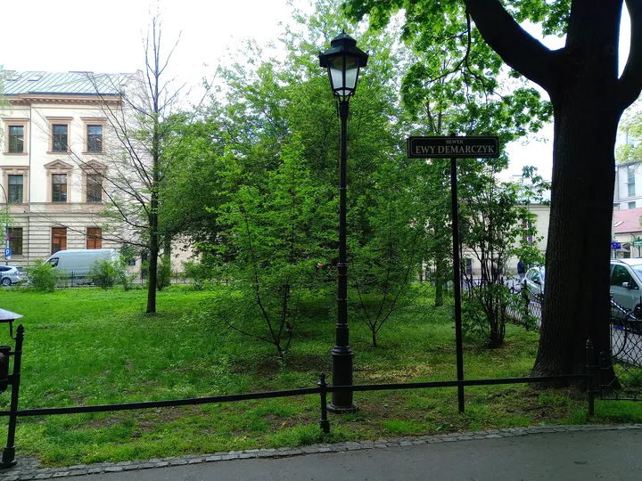 Trees in the named garden space at Ewa Demarczyk Square