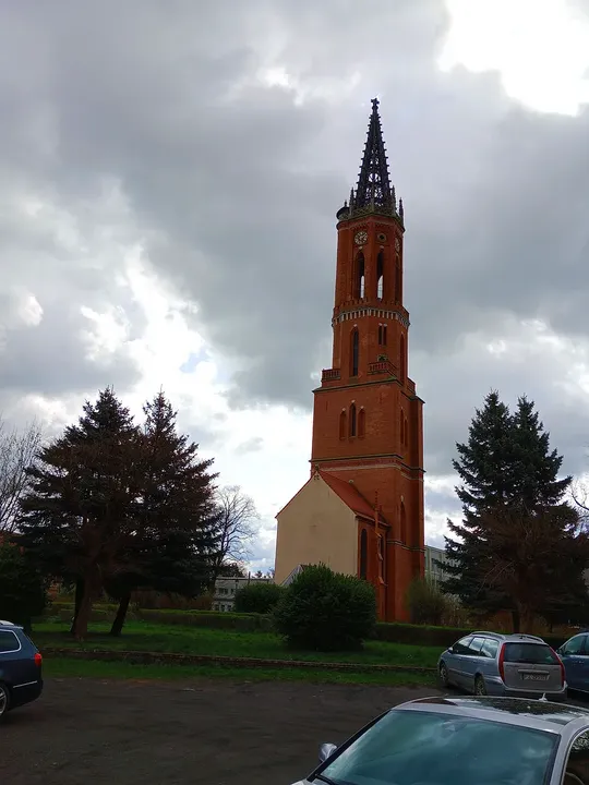Tower seen across the lawn at Former Protestant church tower, Żagań