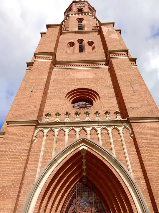 Brick tower above the pointed entrance at Former Protestant church tower, Żagań