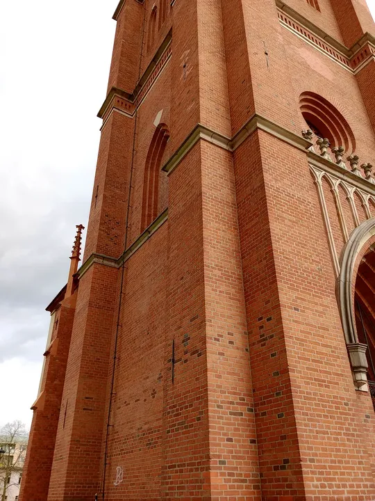 Tower wall viewed from below at Former Protestant church tower, Żagań
