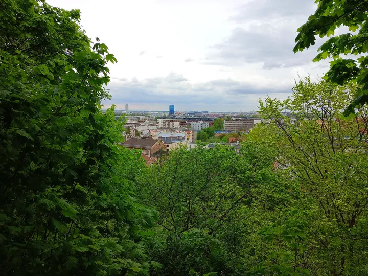 Distant city view between the trees at Fort 31: Saint Benedict