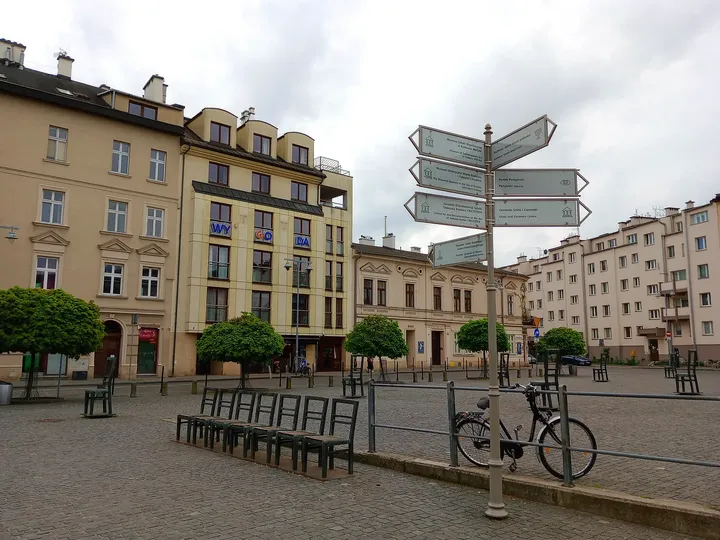 The open square and surrounding frontages at Ghetto Heroes Square