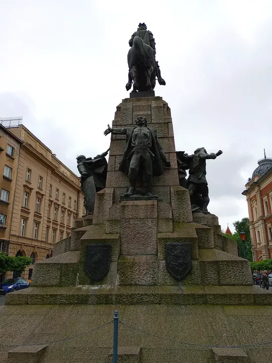 The base and inscription across the square at Grunwald Monument