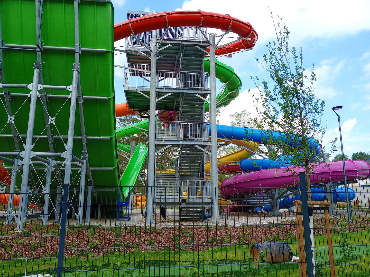 The slide tower from the boundary at H2Ochla swimming lake