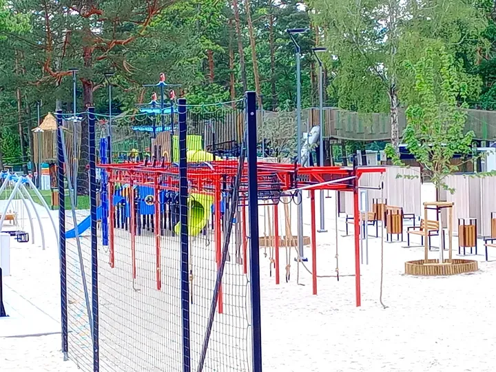 Water-play structures behind the fence at H2Ochla swimming lake