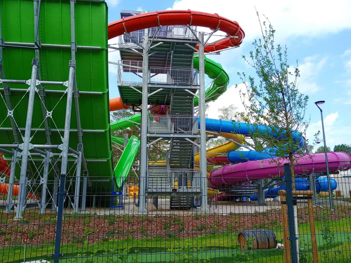 The slide tower from the boundary at H2Ochla swimming lake