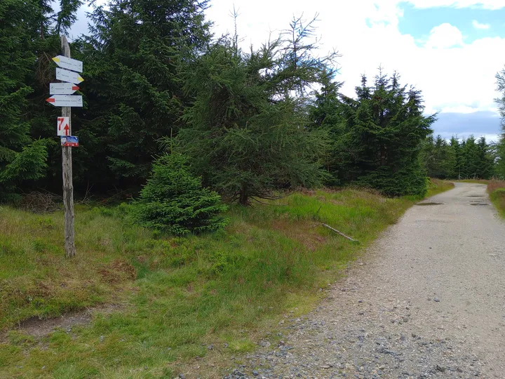 Waymark at a mountain path junction at Izera Mountains cycling trail