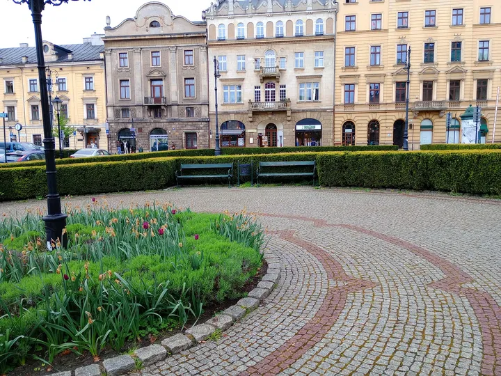 The planted square and nearby buildings at Jacek Woźniakowski Square