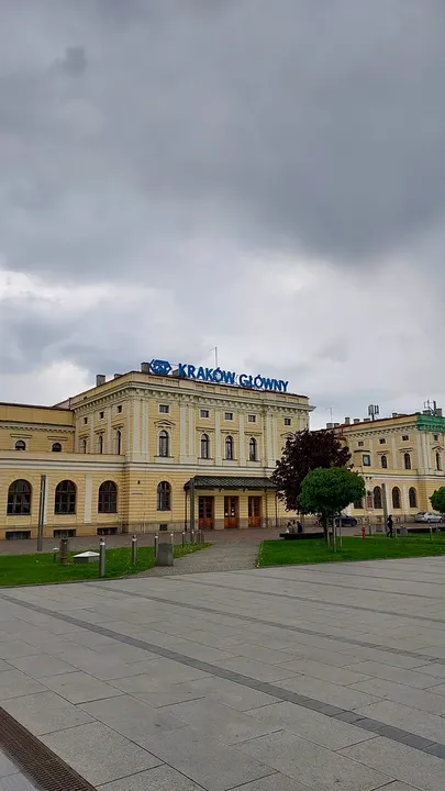 Former station frontage beneath the grey sky at Jan Nowak-Jeziorański Square