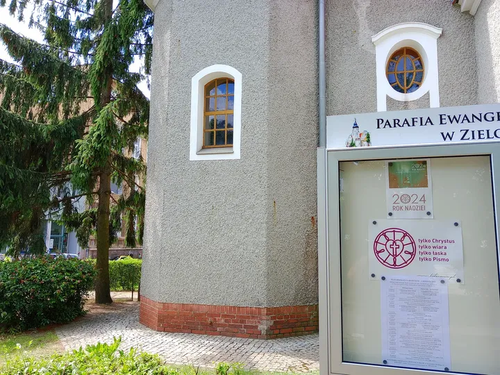 The doorway and church signs at Jesus Church, Zielona Góra