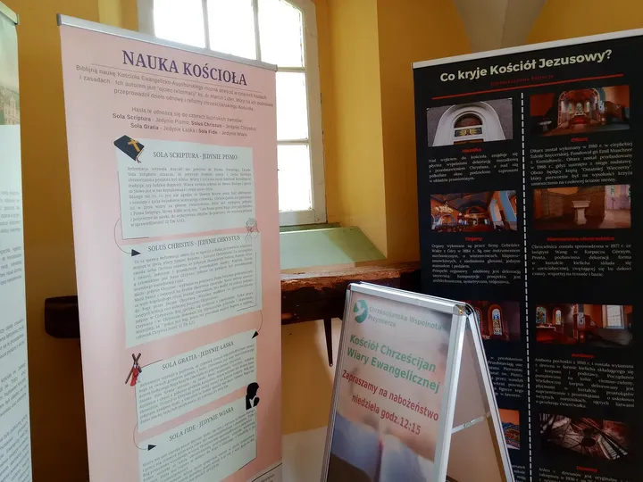 An explanatory display inside at Jesus Church, Zielona Góra