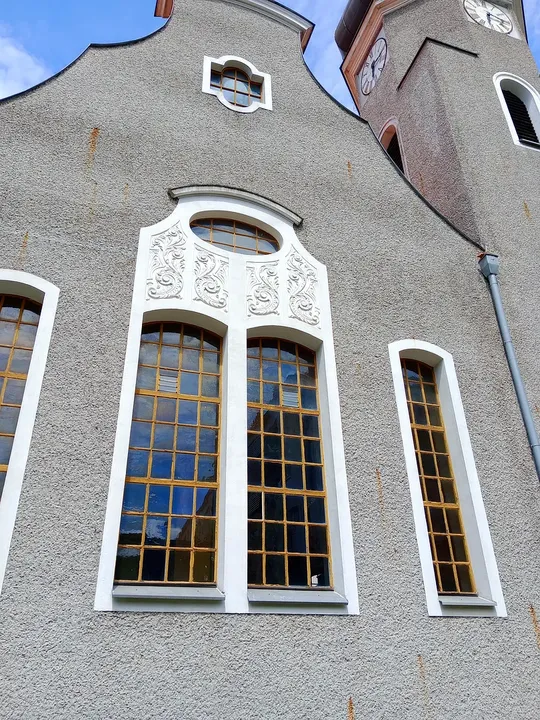 Stained glass above the exterior wall at Jesus Church, Zielona Góra