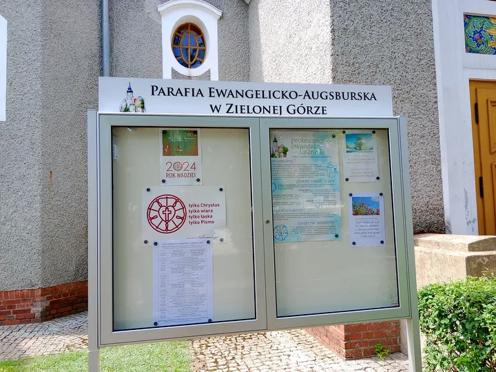 A congregation notice board at Jesus Church, Zielona Góra