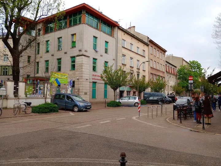 People beside the community centre frontage at Jewish Community Centre, Kraków