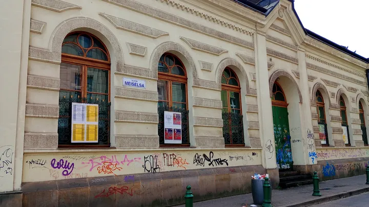 Culture centre frontage and programme posters at Jewish Culture Centre, Kraków