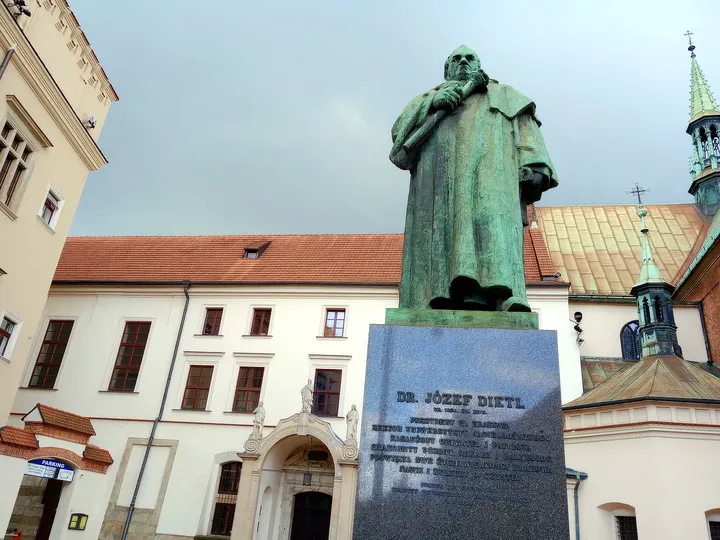 The statue framed by city buildings at Józef Dietl monument