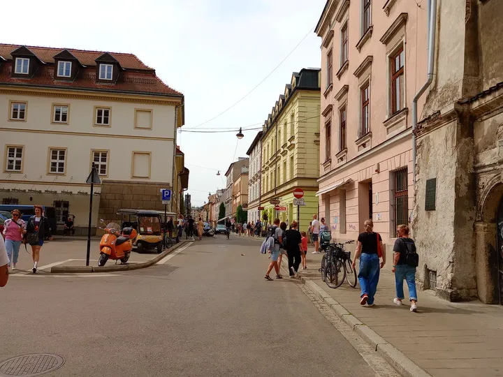 The street opening beyond the buildings at Kazimierz Jewish heritage trail