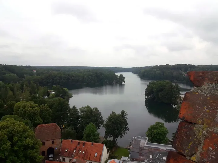 Wooded shoreline beneath the viewpoint at Knights Hospitaller Castle, Łagów
