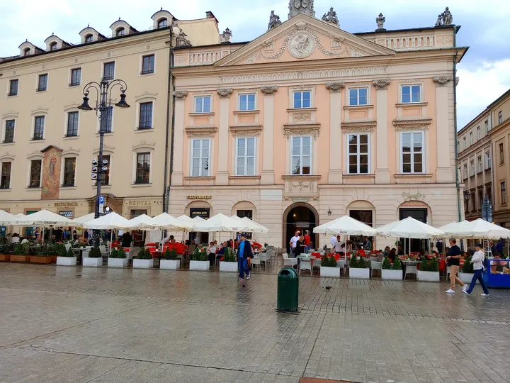 Townhouse façades along the square at Kraków Main Market Square