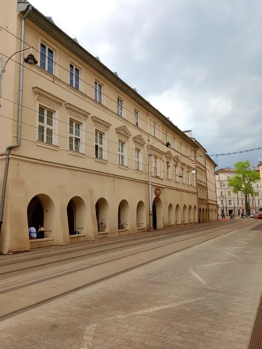Tram tracks along the long street frontage at Krakowska Street