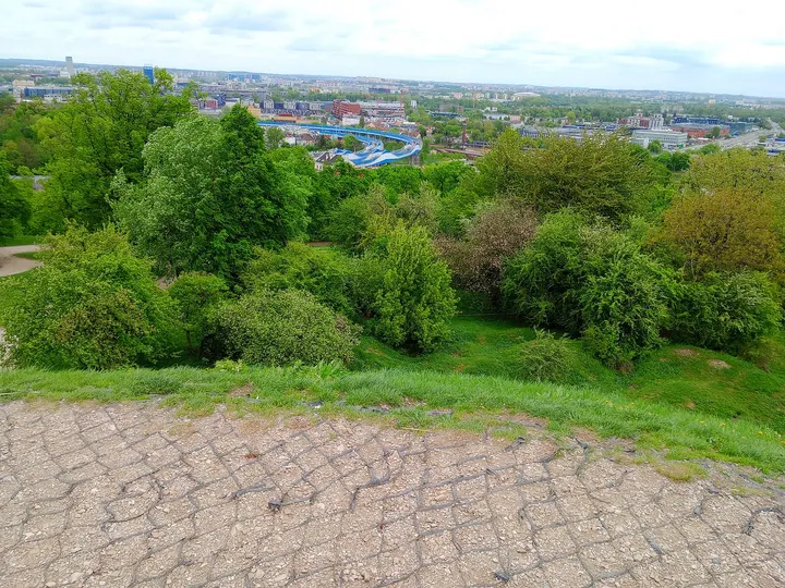 The city beyond the summit paving at Krakus Mound