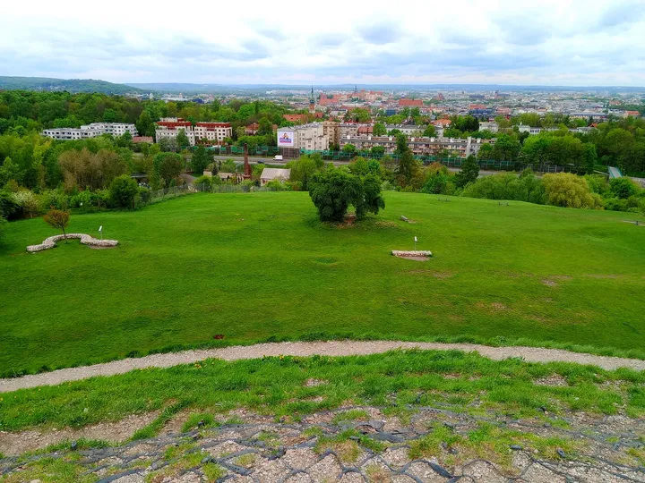City roofs beyond the hill at Krakus Mound