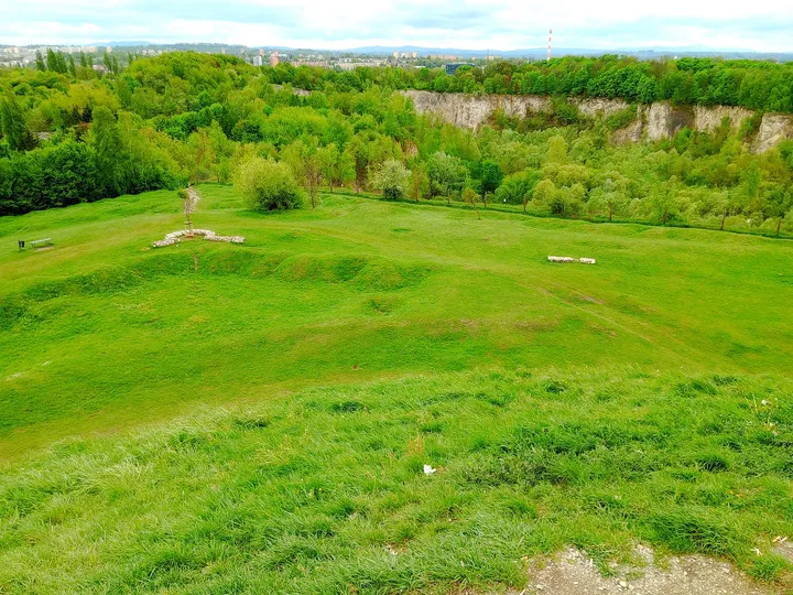 The slope descending from the viewpoint at Krakus Mound