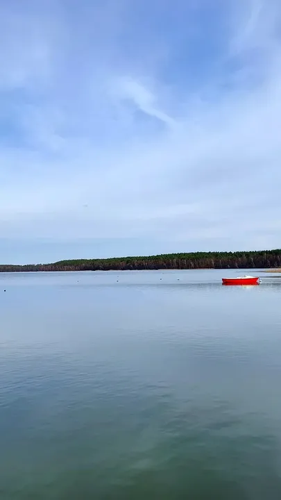 Red buoy beyond the shoreline at Lake Niesłysz