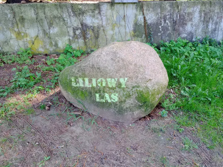 Liliowy Las name on the stone marker at Liliowy Las outdoor exercise ground
