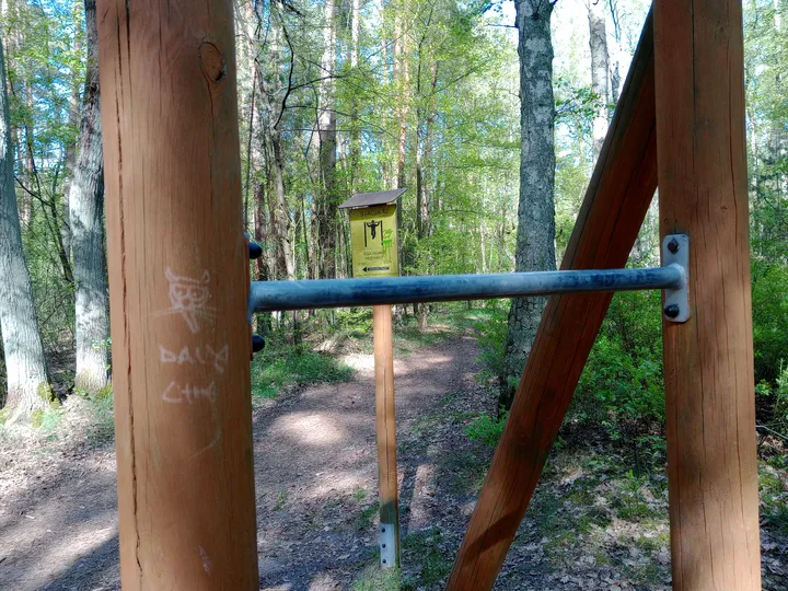 Wooden upright and attached exercise bar at Liliowy Las outdoor exercise ground